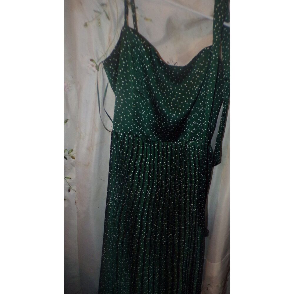 Lucy Paris Pleated Midi Dress green and white polka dot with belt size xs